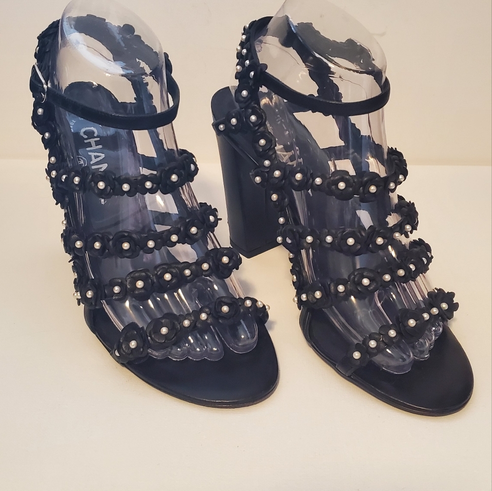 Authentic CHANEL Lambskin Pearl Embellished Camellia Leather Sandal- EU39/US8.5
